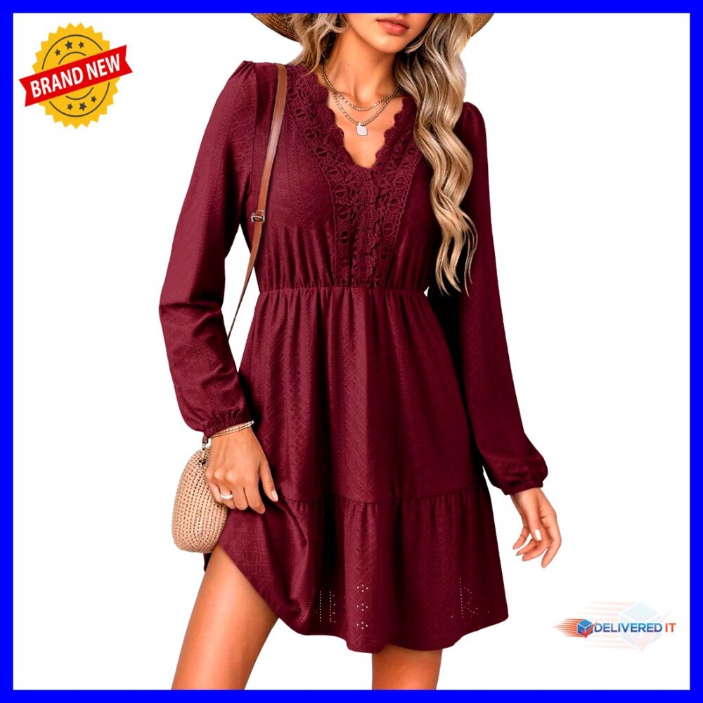 Long Sleeve Lace Hollow Out Embroidered V Neck A-Line Mini Dress